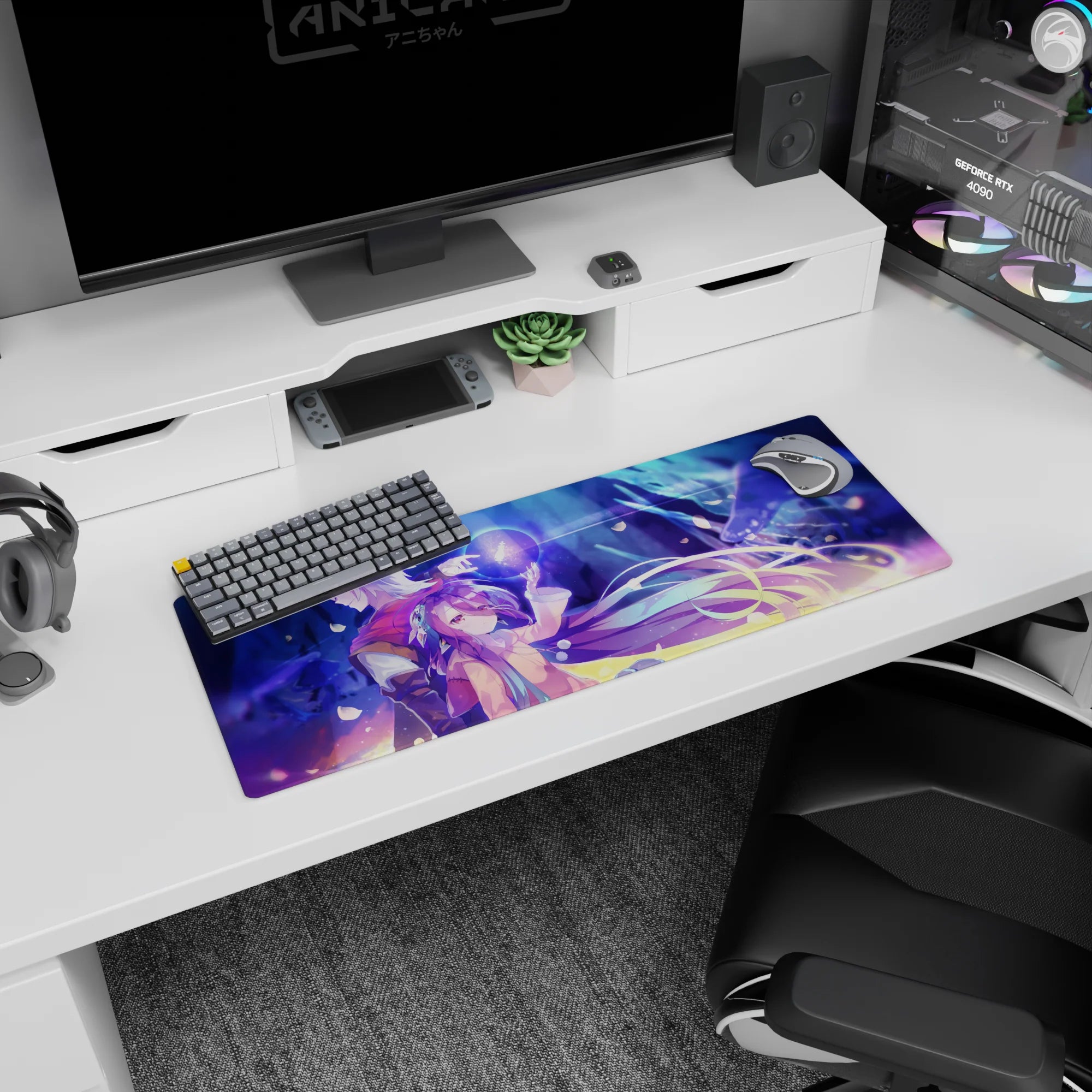 Anime mouse pad 32x12 inches showing purple-haired girl casting a glowing orb beside a silver-haired hero.