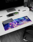 Anime mouse pad 32x12 inches showing purple-haired girl casting a glowing orb beside a silver-haired hero.