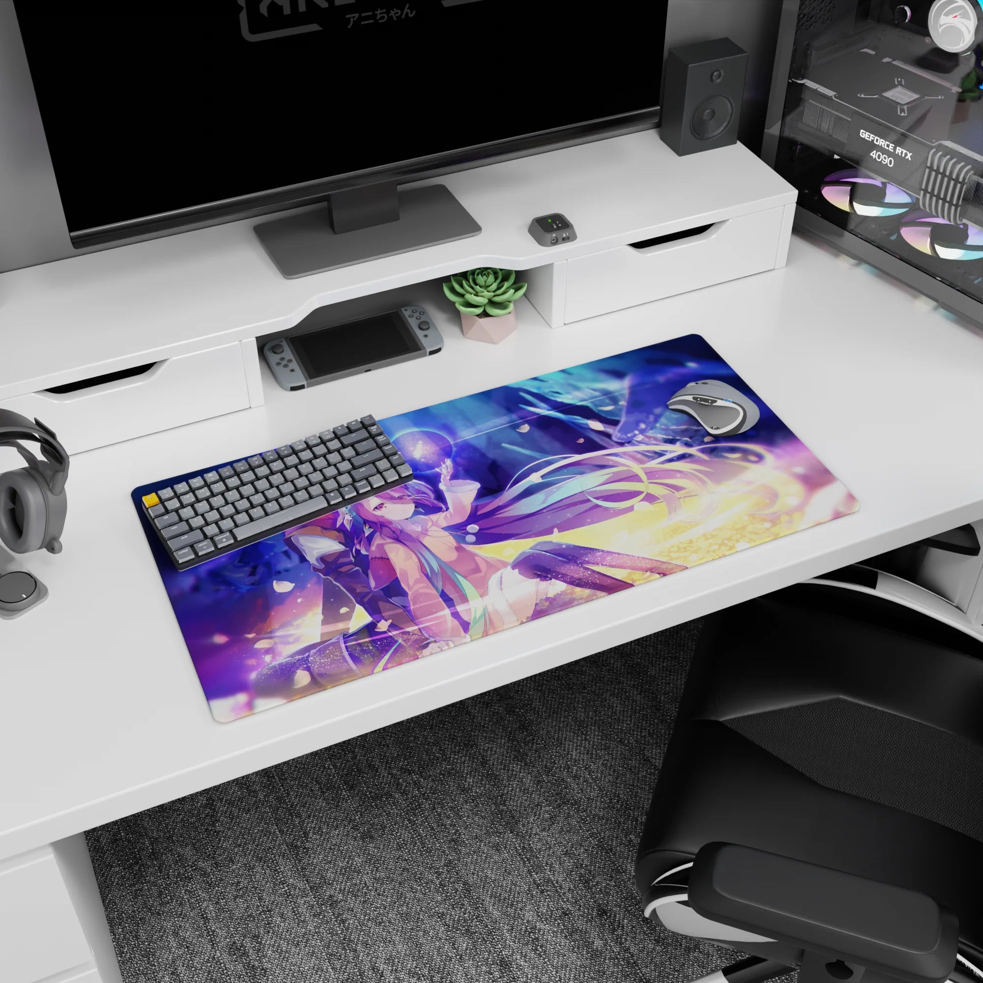 32x16 inches anime mouse pad showing silver-haired hero turned away and purple-haired girl holding a glowing orb.