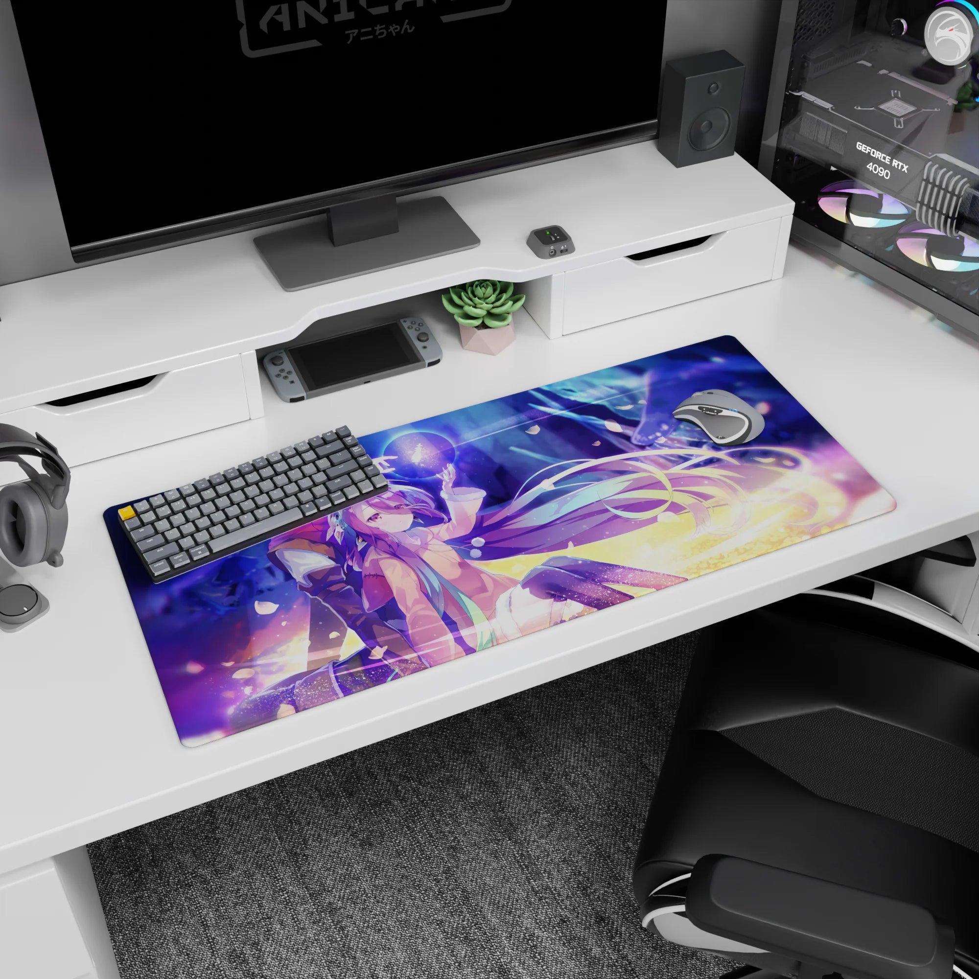 36x16 inches anime desk pad showing silver-haired hero and purple-haired mage with floating orb above her hand.