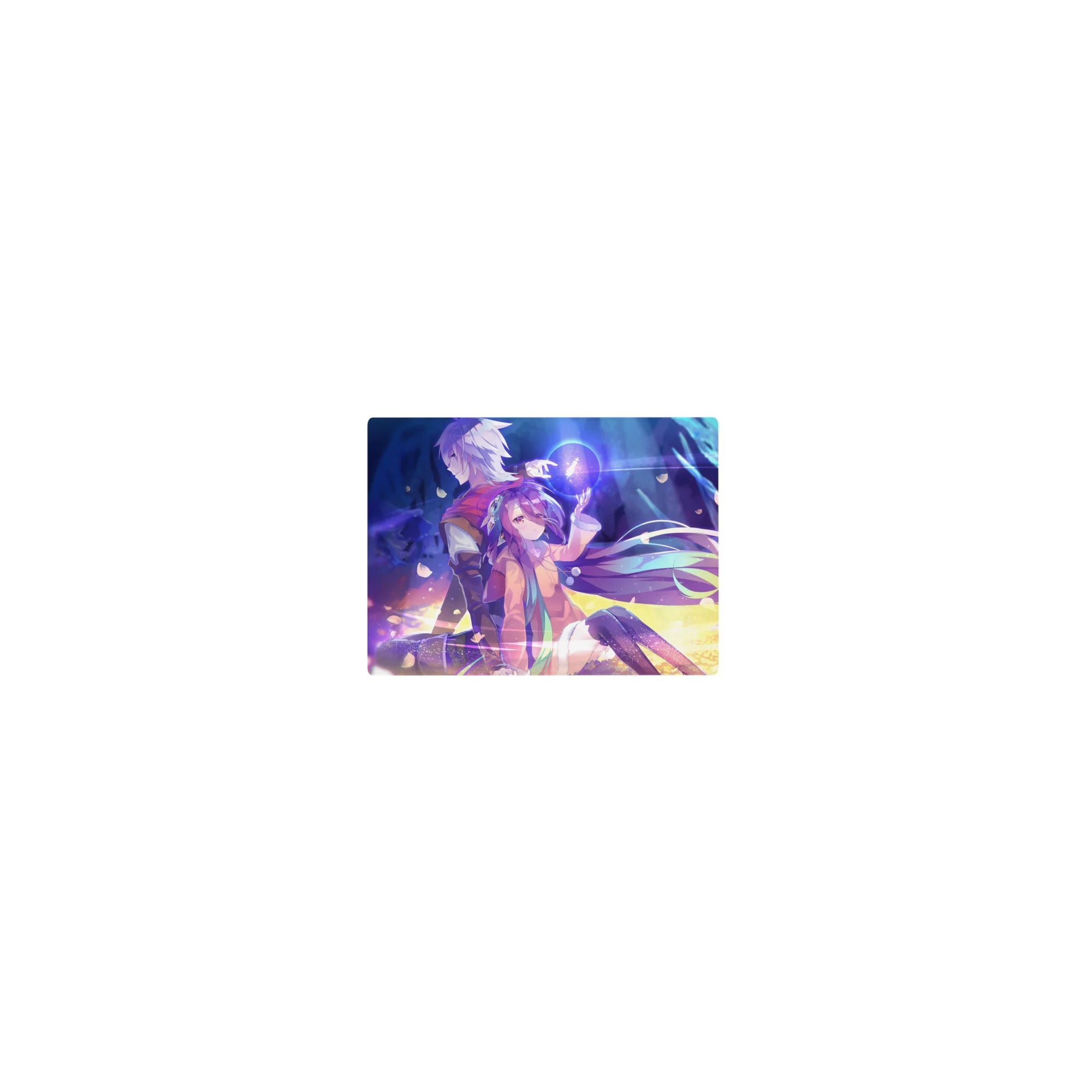 Classic anime mouse pad 14x10 inches with two heroes, glowing orb, drifting petals, cozy hoodie and scarf.