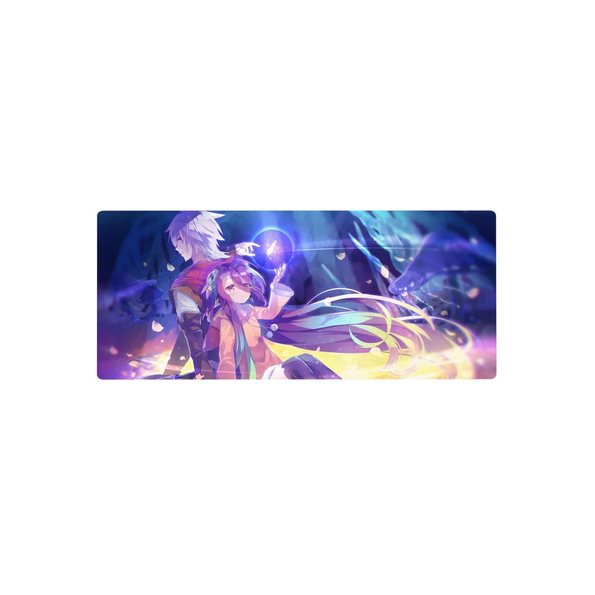 Anime mouse pad 28x12 inches with two heroes, glowing orb magic, petals, and cozy hoodie scarf art.