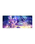 Anime mouse pad 28x12 inches with two heroes, glowing orb magic, petals, and cozy hoodie scarf art.
