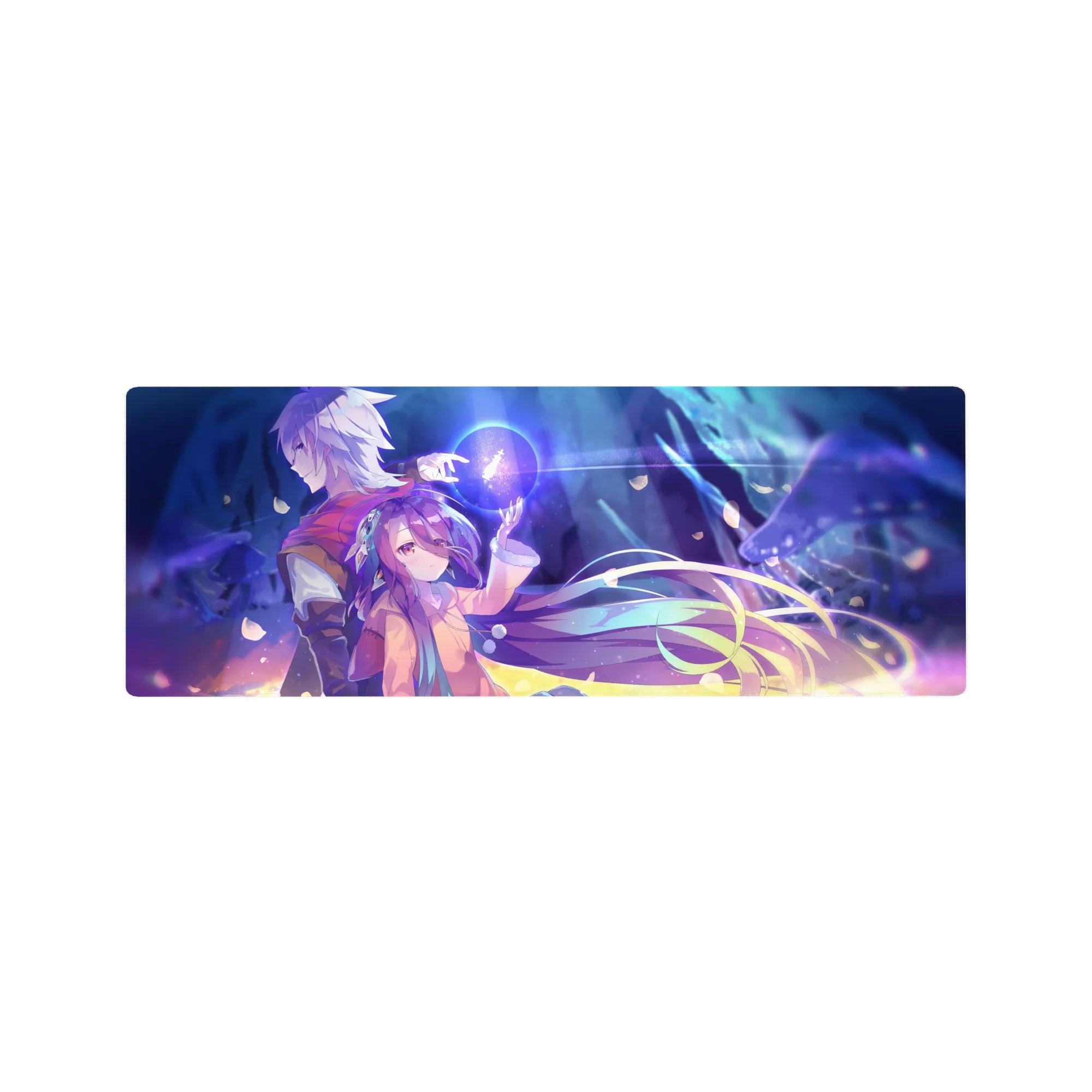 Anime mouse pad 32x12 inches with two heroes, floating orb, drifting petals, neon haze, cozy hoodie.