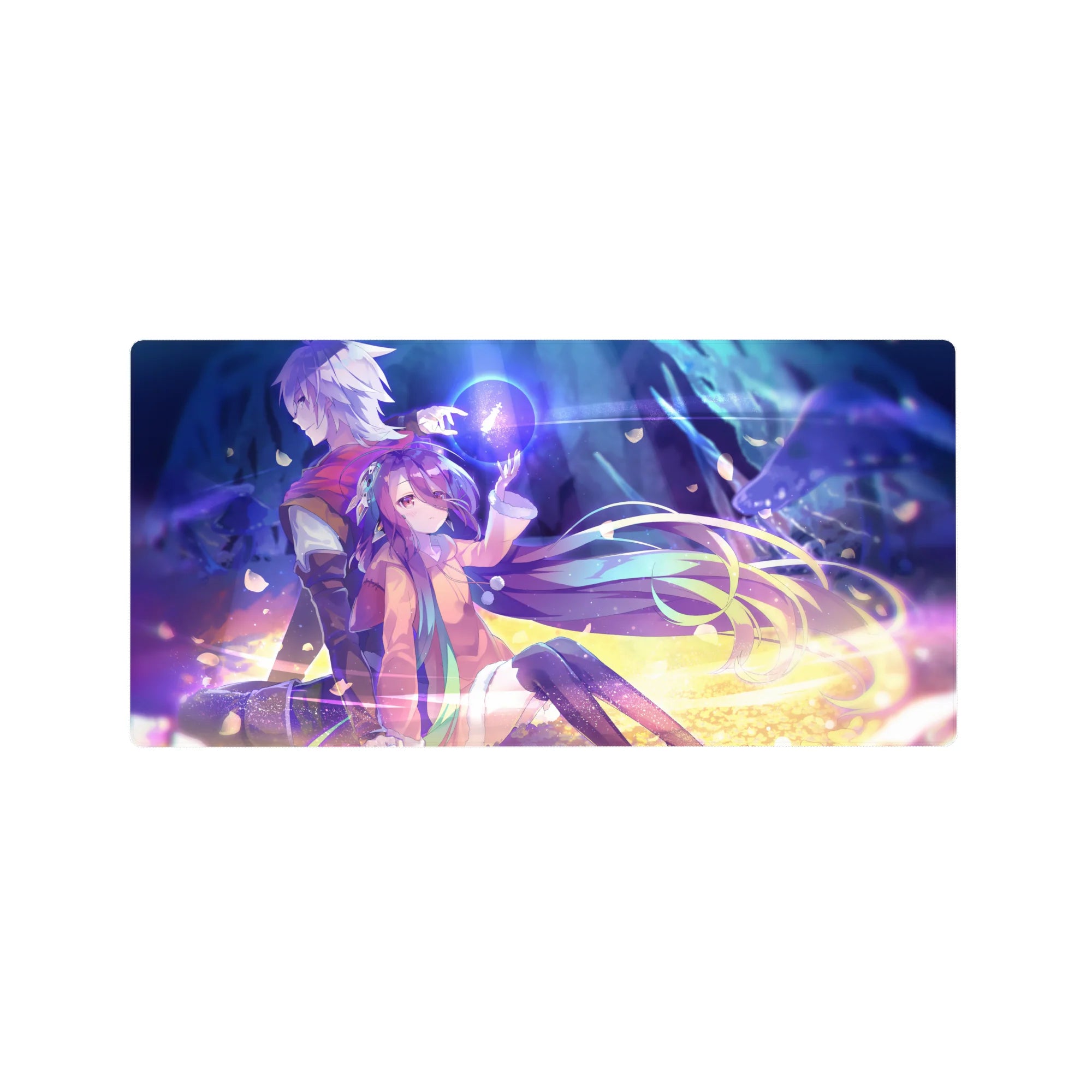 32x16 inches anime mouse pad with two heroes, floating orb, drifting petals, hoodie and scarf, cinematic art.