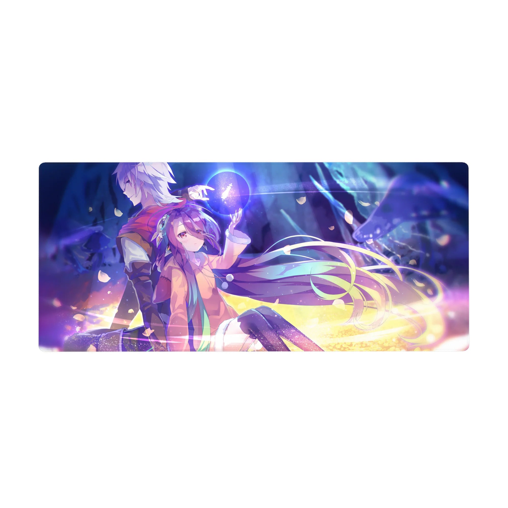 36x16 inches anime desk pad with two heroes, glowing orb magic, petals, hoodie and scarf, gold ground.