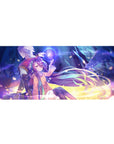 36x16 inches anime desk pad with two heroes, glowing orb magic, petals, hoodie and scarf, gold ground.