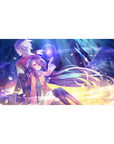 40x20 inches anime desk pad with two heroes, glowing orb magic, petals, and cozy hoodie scarf scene.