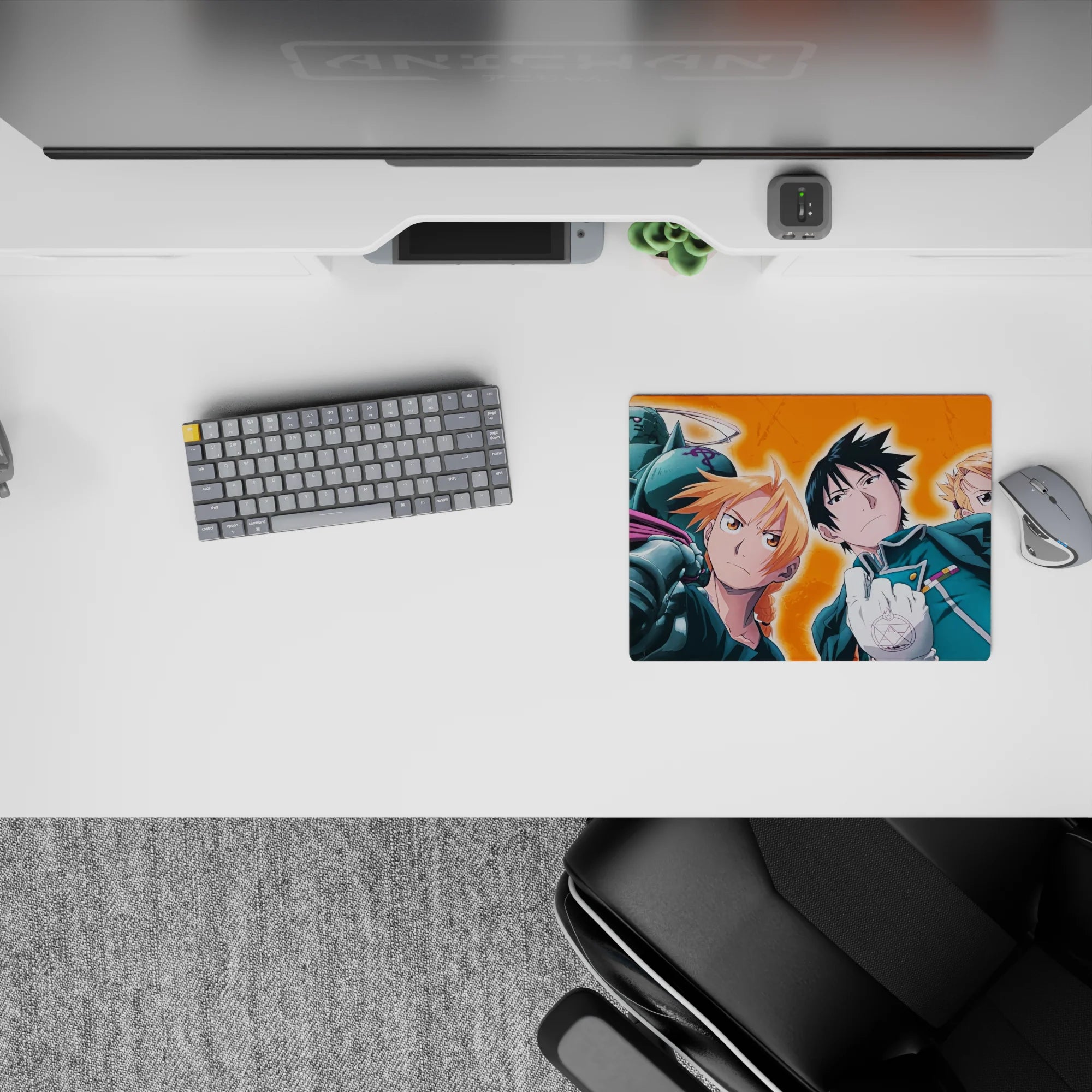 Classic anime mouse pad 14x10 inches with fiery orange backdrop and bold heroic team vibe for desk setups.