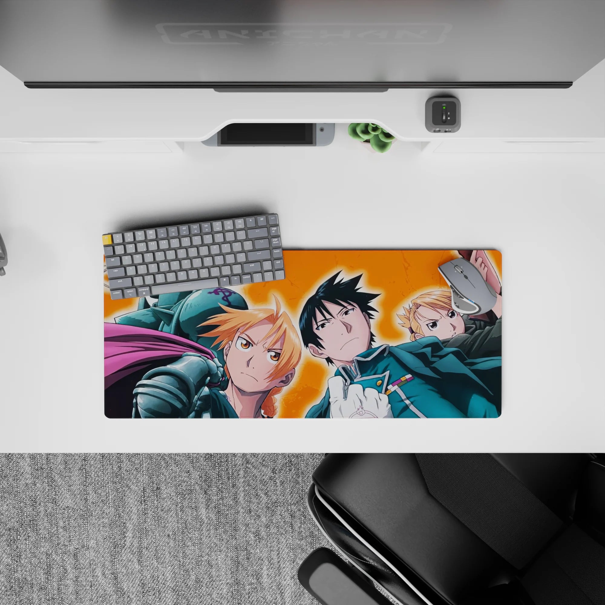 Fiery orange backdrop anime mouse pad 28x12 inches, bold motivating desk mat with alchemy vibe.