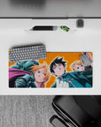 Fiery orange backdrop anime mouse pad 28x12 inches, bold motivating desk mat with alchemy vibe.