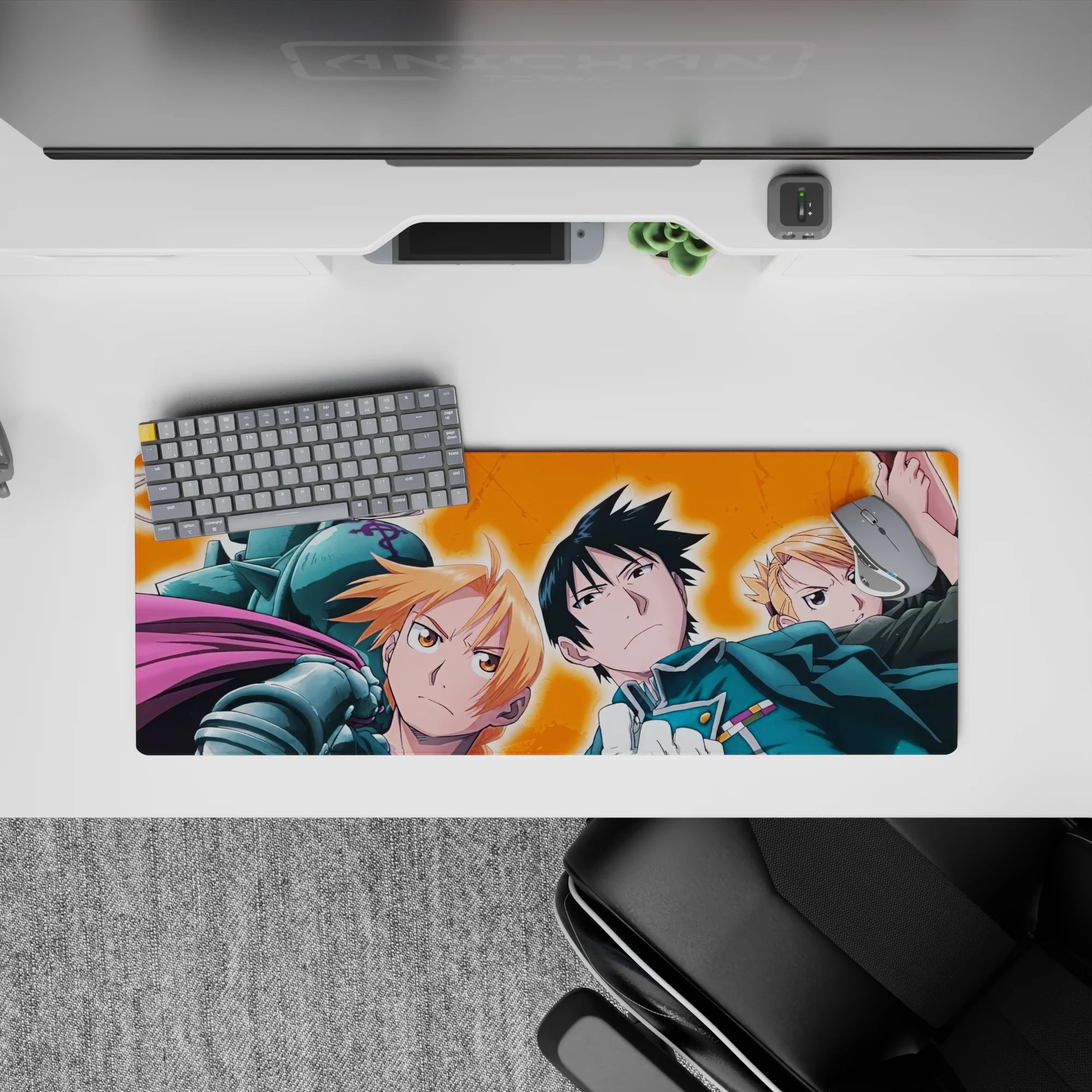 Anime mouse pad 32x12 inches with fiery orange background, bold blue uniform accents, high-energy vibe.