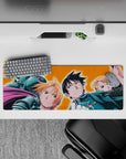 Anime mouse pad 32x12 inches with fiery orange background, bold blue uniform accents, high-energy vibe.