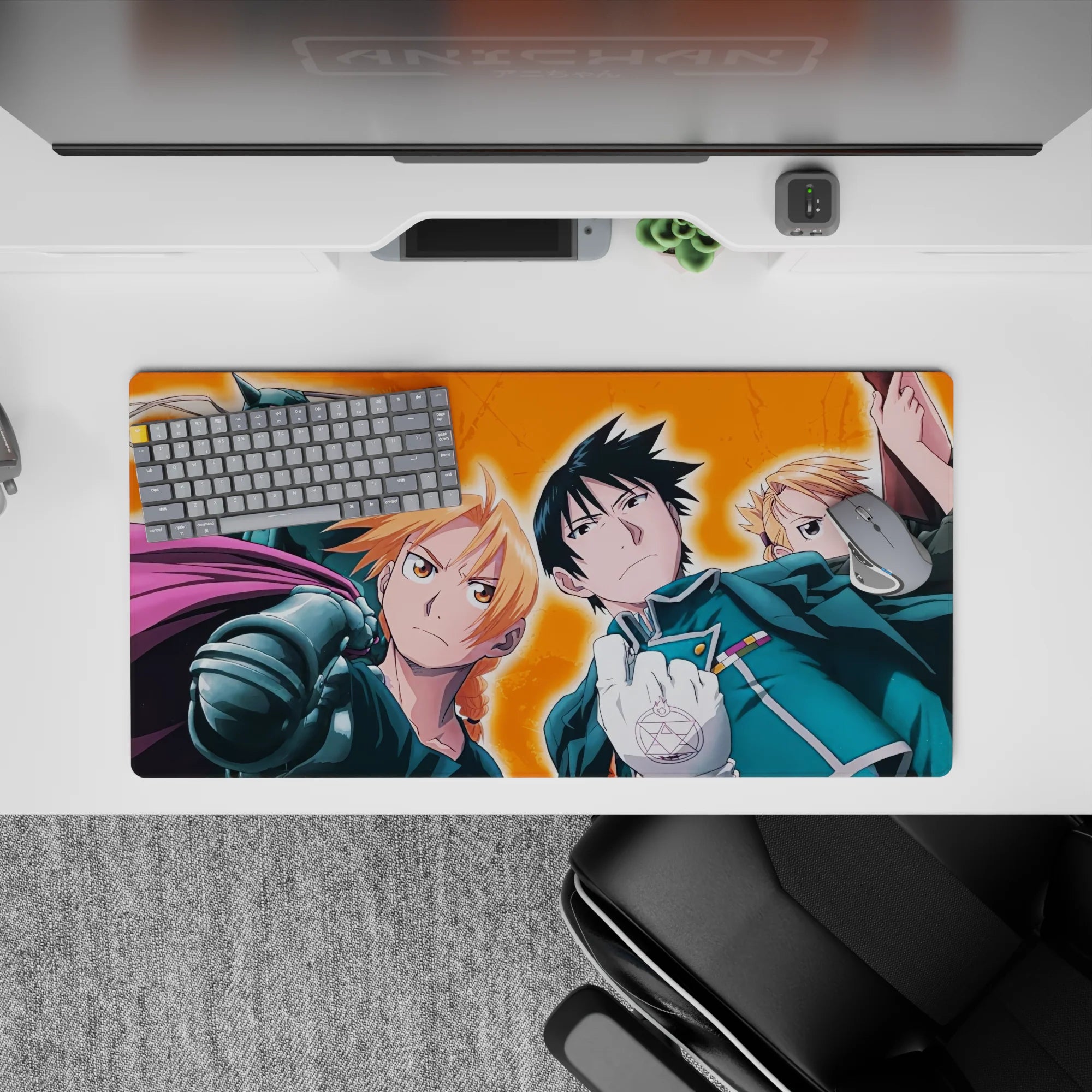 Fiery orange backdrop anime mouse pad 32x16 inches, bold rally-cry vibe with crisp armored shine and red coat.