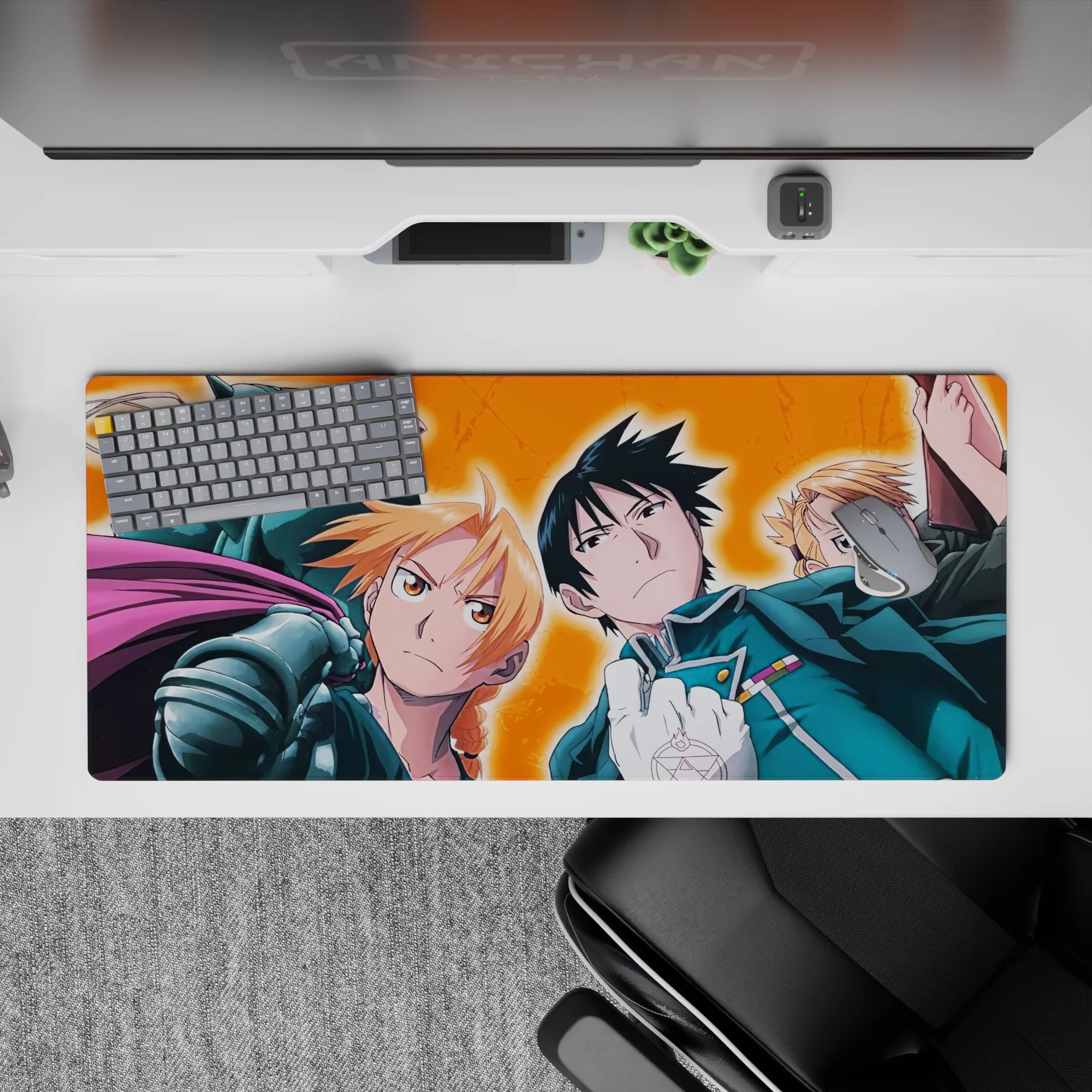 Fiery orange background anime desk pad 36x16 inches, bold rally-cry vibe with sharp blue uniform accents.