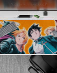 Fiery orange anime desk pad 40x20 inches with bold action vibe, smooth surface for late-night work.