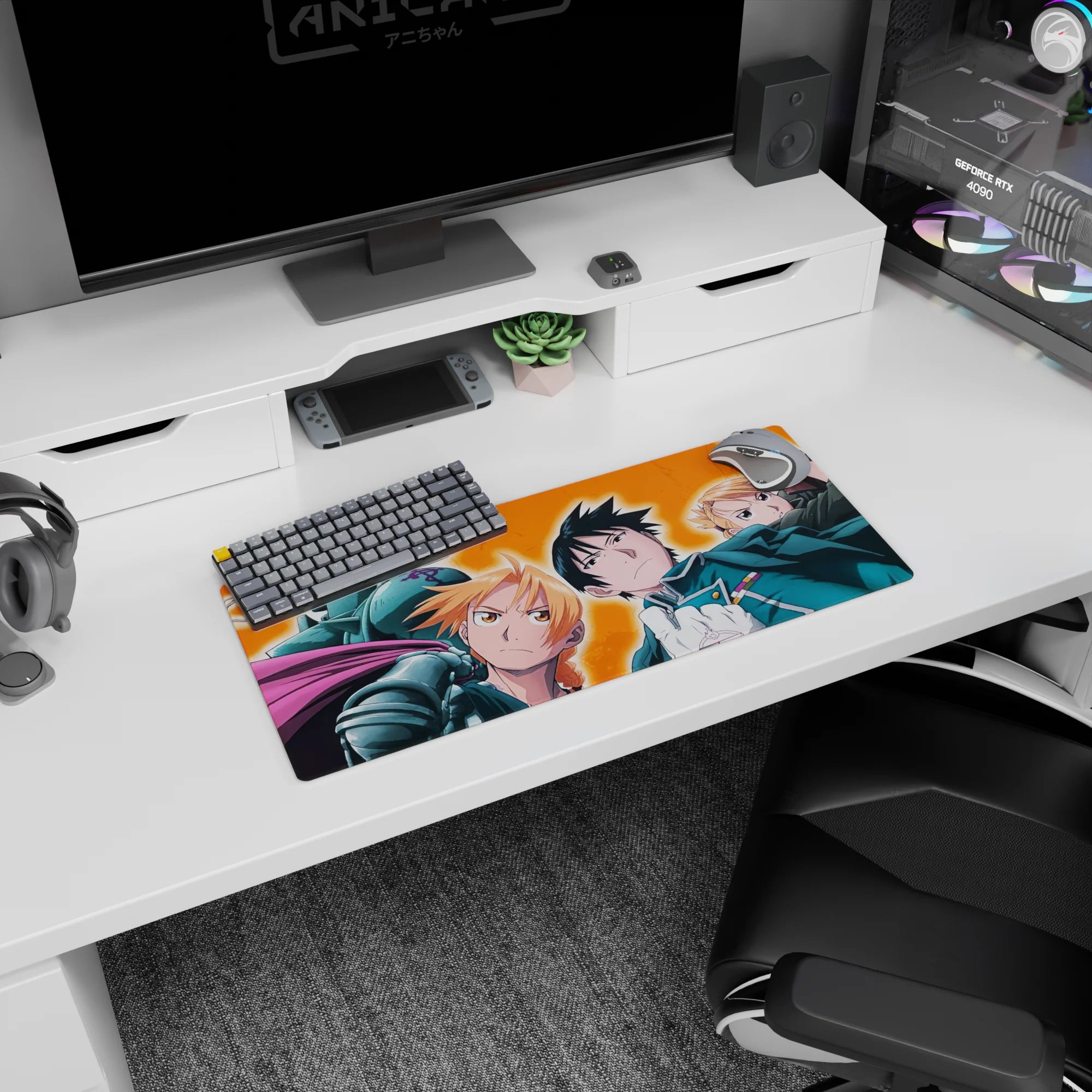 Edward Elric scowling with Alphonse armor behind, anime mouse pad 28x12 inches, Mustang glove raised.