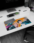 Edward Elric scowling with Alphonse armor behind, anime mouse pad 28x12 inches, Mustang glove raised.
