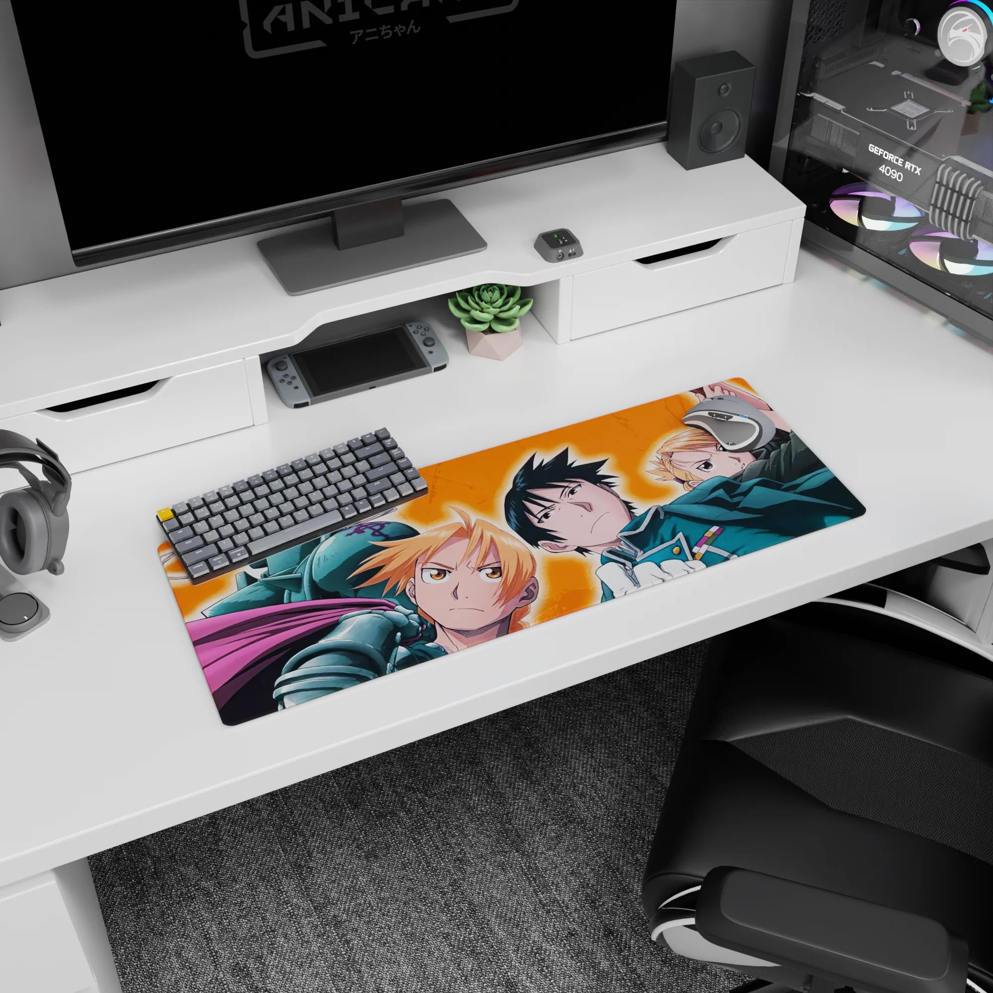 Edward Elric and Alphonse stand ready on an anime mouse pad 32x12 inches, Mustang's glove raised.