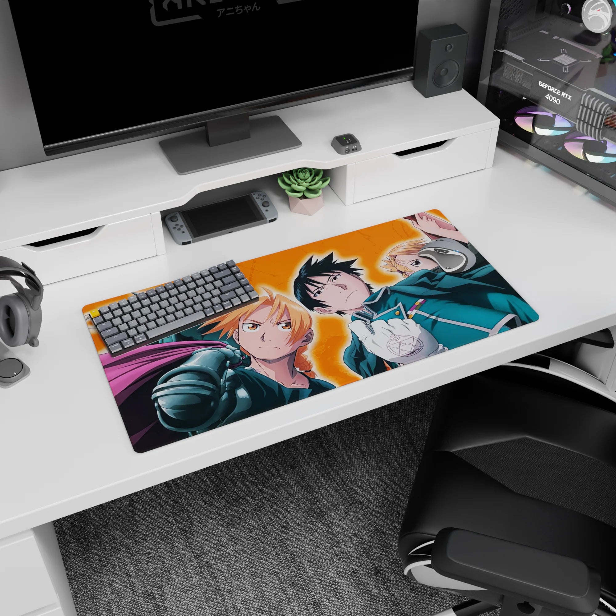 Edward Elric scowls with Alphonse in armor behind on anime mouse pad 32x16 inches, action-ready scene.