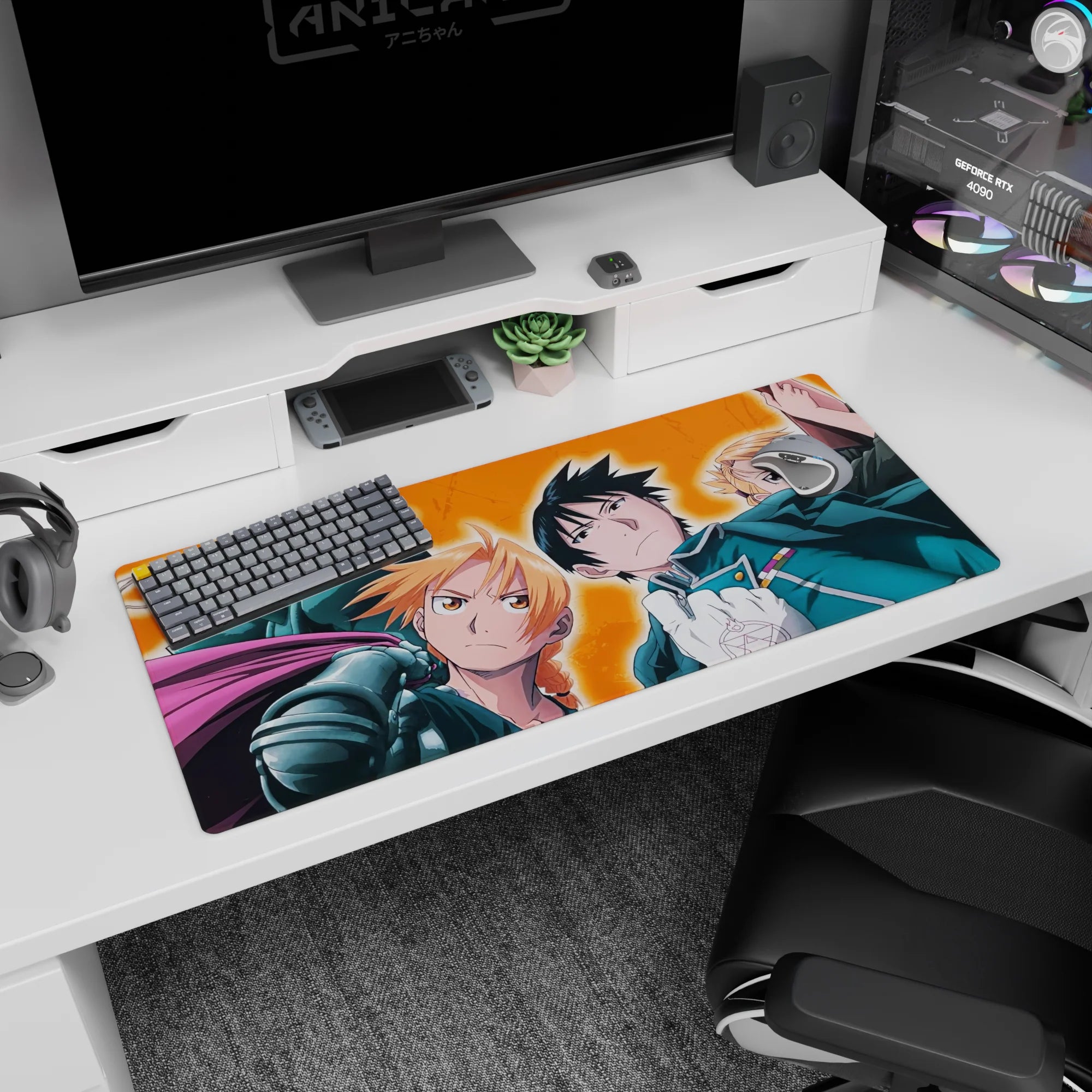 Edward Elric scowls front, Alphonse in armor behind on anime desk pad 36x16 inches.