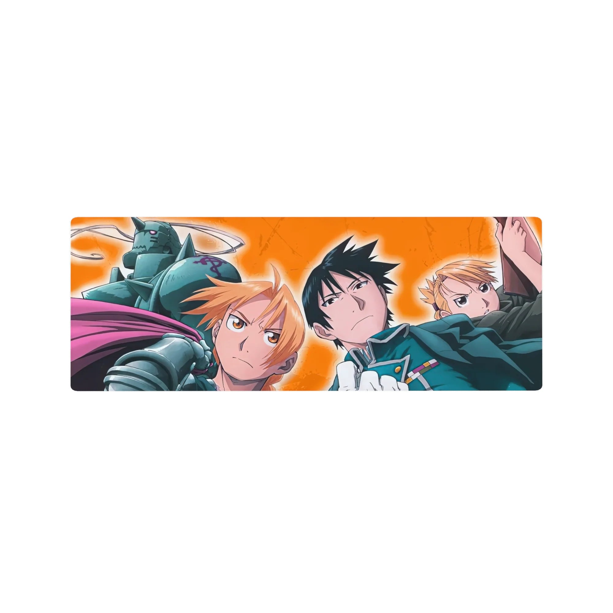 Fullmetal Alchemist desk mouse pad 32x12 inches with Edward, Alphonse, Mustang and Hawkeye on fire backdrop.