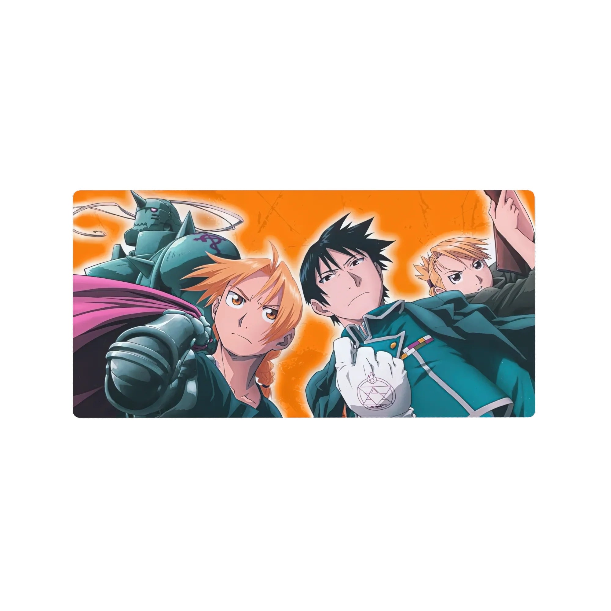 Fullmetal Alchemist anime mouse pad 32x16 inches with Edward, Alphonse, Mustang and Hawkeye on fire backdrop.