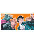 Fullmetal Alchemist anime mouse pad 32x16 inches with Edward, Alphonse, Mustang and Hawkeye on fire backdrop.