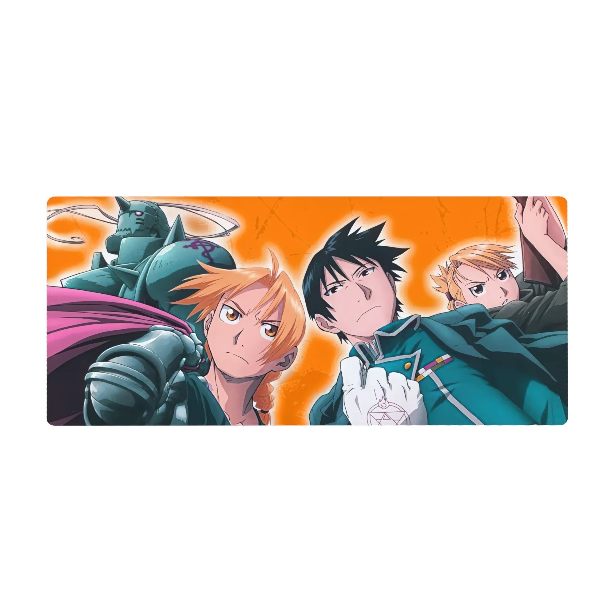 Fullmetal Alchemist anime desk pad 36x16 inches with Edward, Alphonse, Mustang and Hawkeye on fire backdrop.