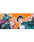 Fullmetal Alchemist anime desk pad 36x16 inches with Edward, Alphonse, Mustang and Hawkeye on fire backdrop.