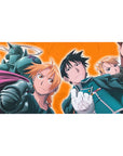 Fullmetal Alchemist anime desk pad 40x20 inches featuring Ed, Al, Roy Mustang and Riza on fiery backdrop.