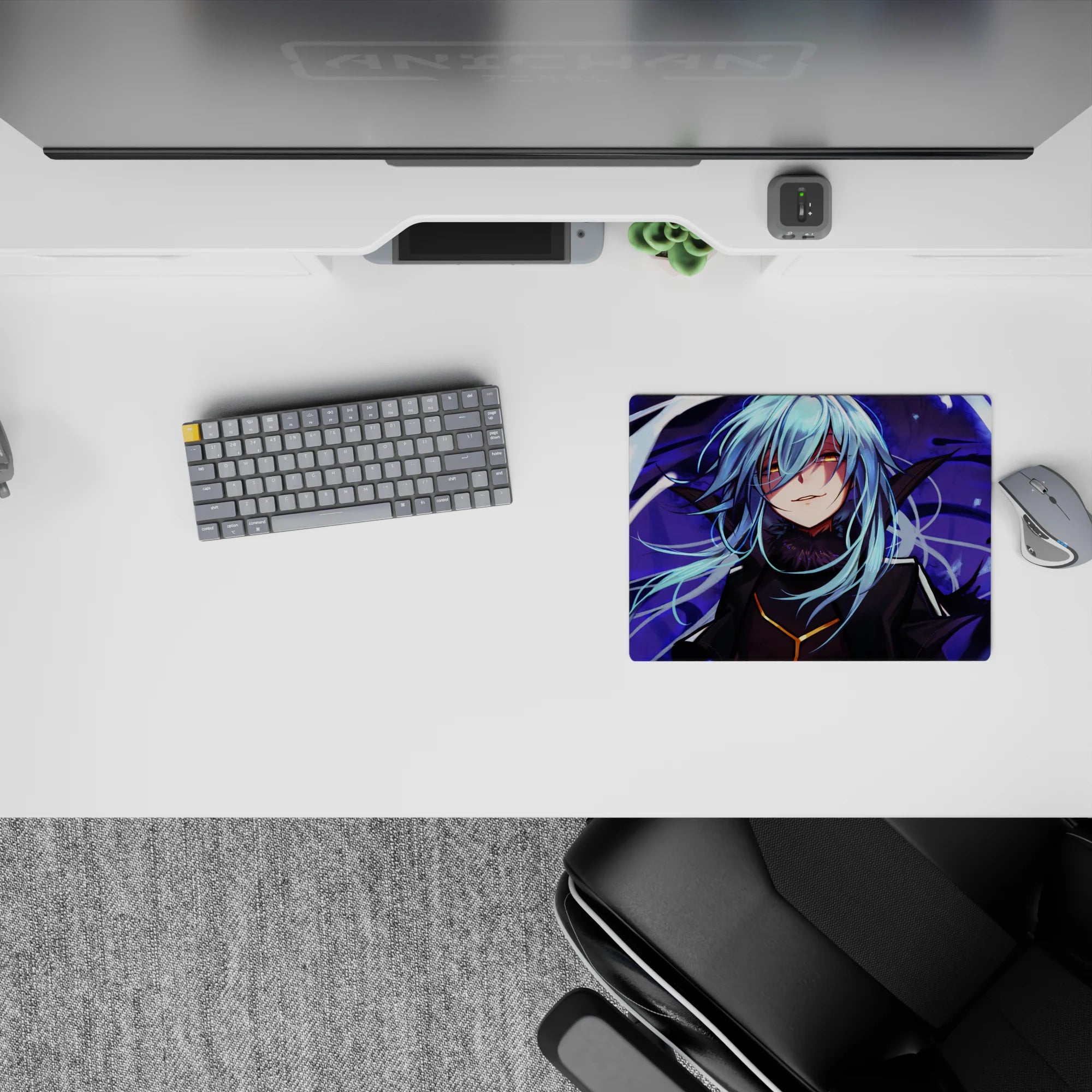 Moody cool-tone anime mouse pad 14x10 inches in deep blues, violet shadows, and bright white streaks.