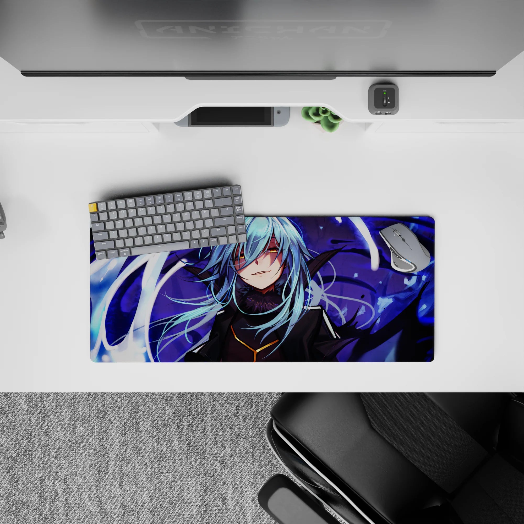 28x12 inches anime mouse pad in cool blues and violet magic swirls, golden eyes glowing, crisp high-contrast art.