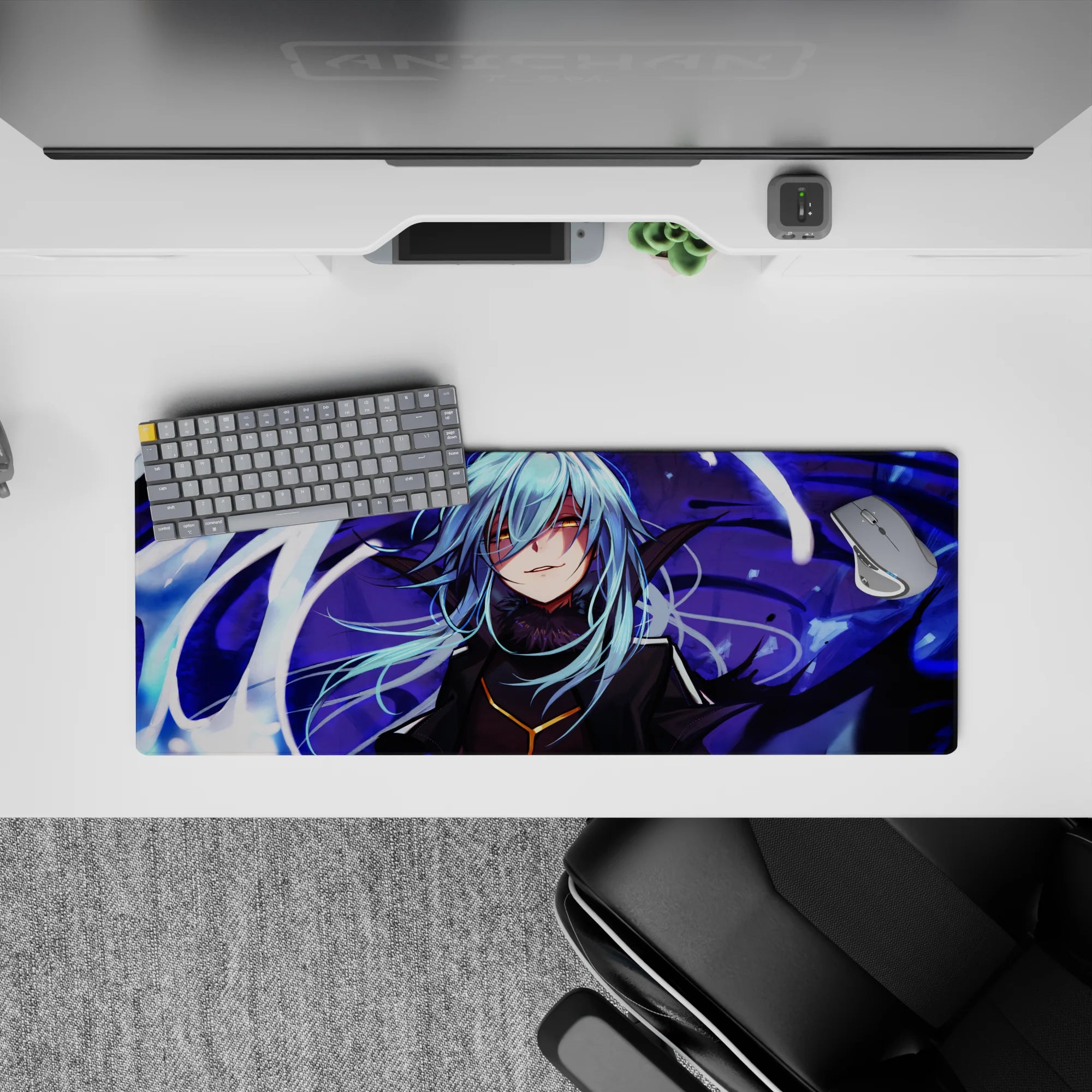 32x12 inches anime mouse pad in cool blues and violet shadows, golden glow accents, crisp high-contrast art.