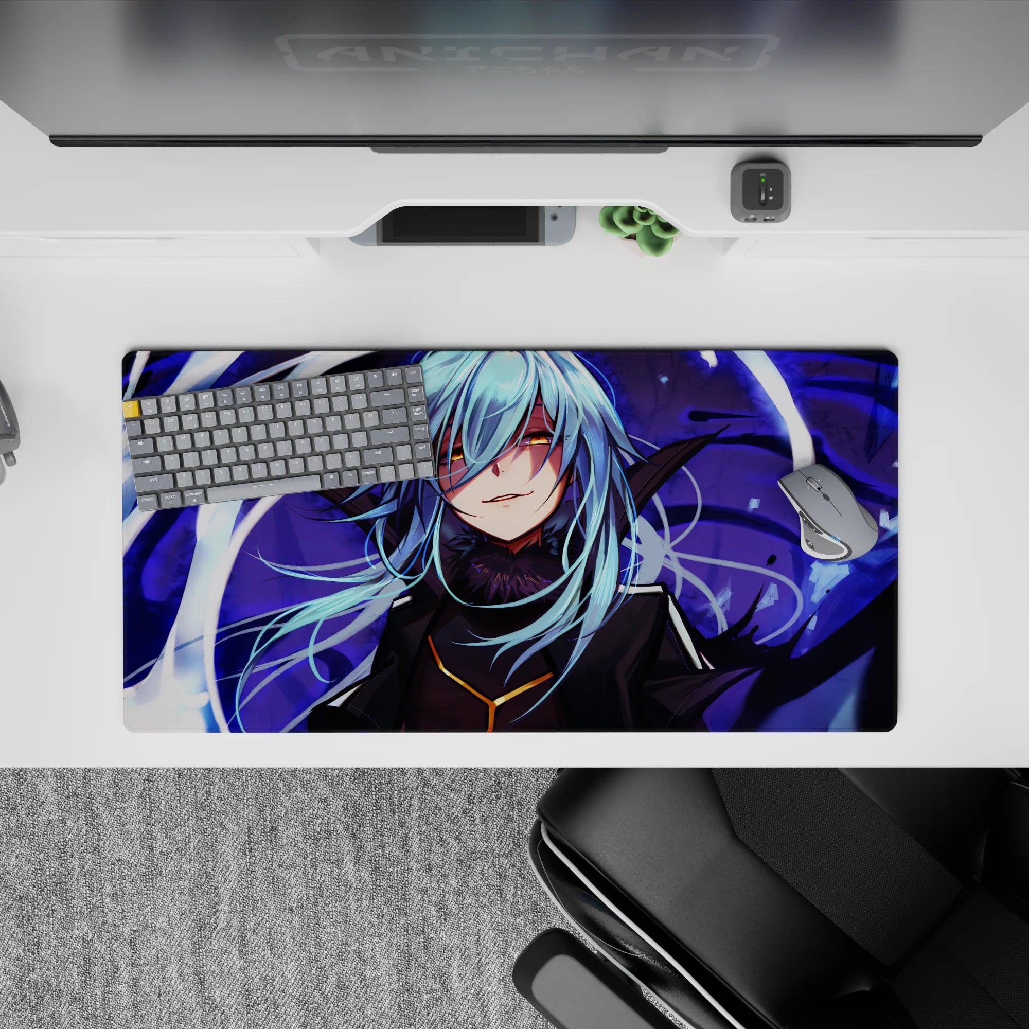 32x16 inches anime mouse pad in cool blues and violet shadows, golden eyes glowing, crisp high-contrast art.