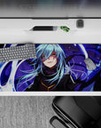 Moody violet-shadow anime desk pad 36x16 inches with cool blues, gold glow, and stormy energy.