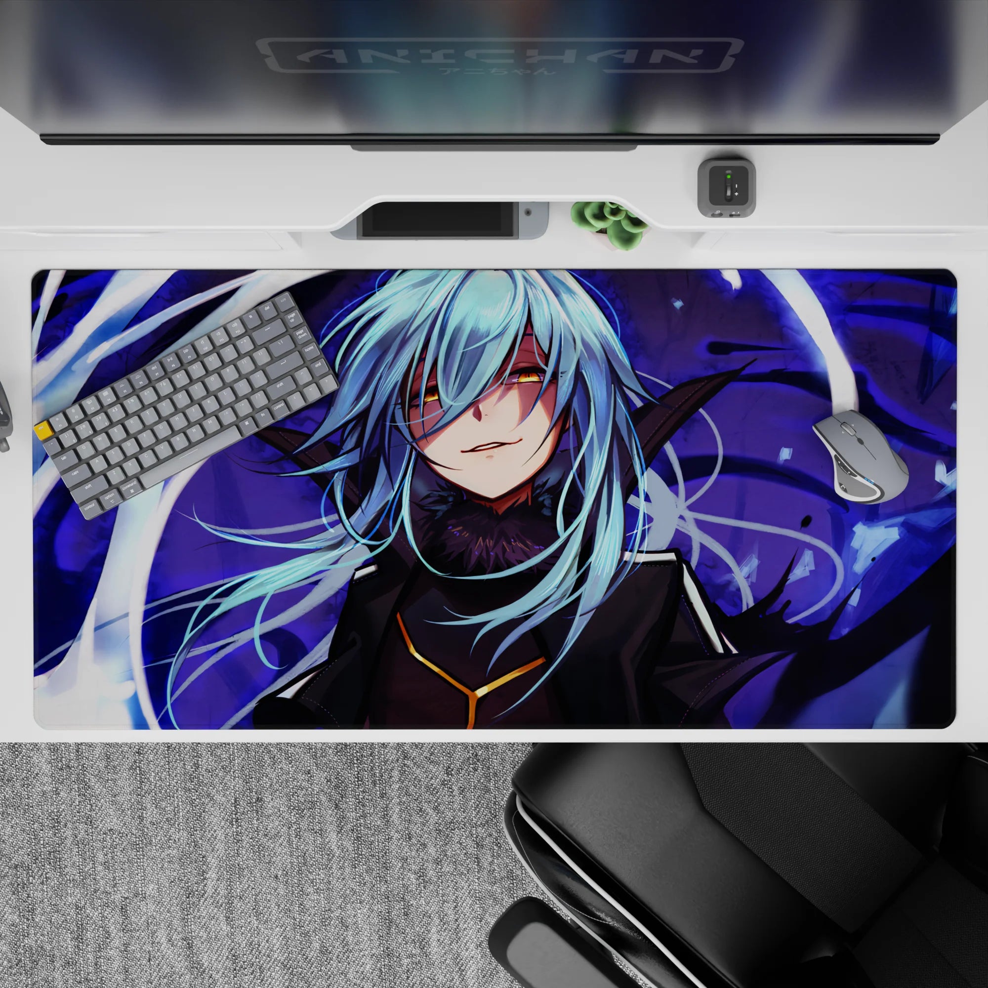 Moody violet shadow anime desk pad 40x20 inches with cool blues, golden eyes, and white magic streaks.