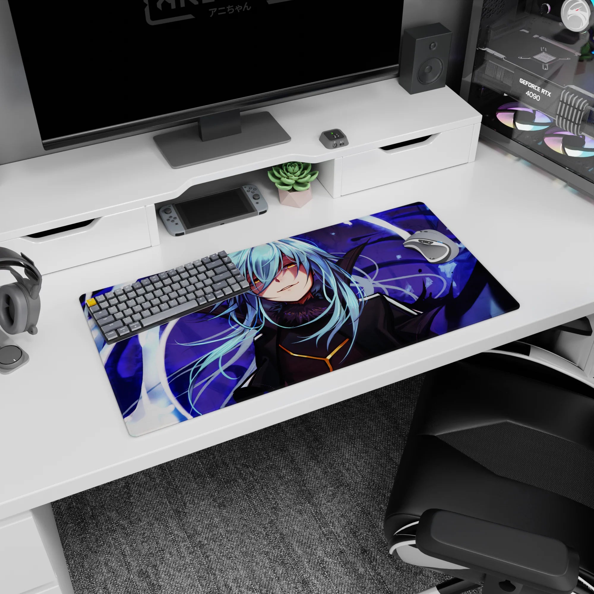 32x16 inches anime mouse pad showing sly blue-haired fighter with golden eyes amid stormy violet streaks.