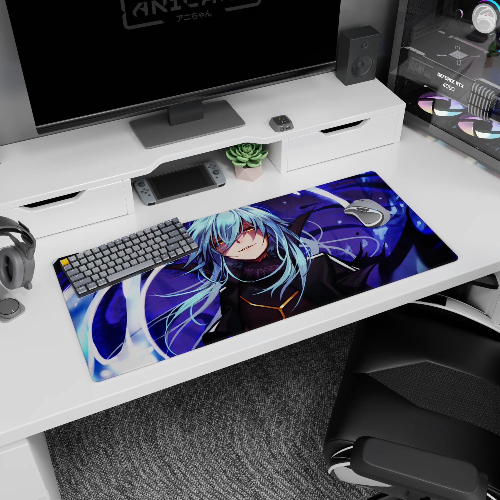 Sly blue-haired anime fighter in ink-black armor and fur collar on a 36x16 inches desk pad.