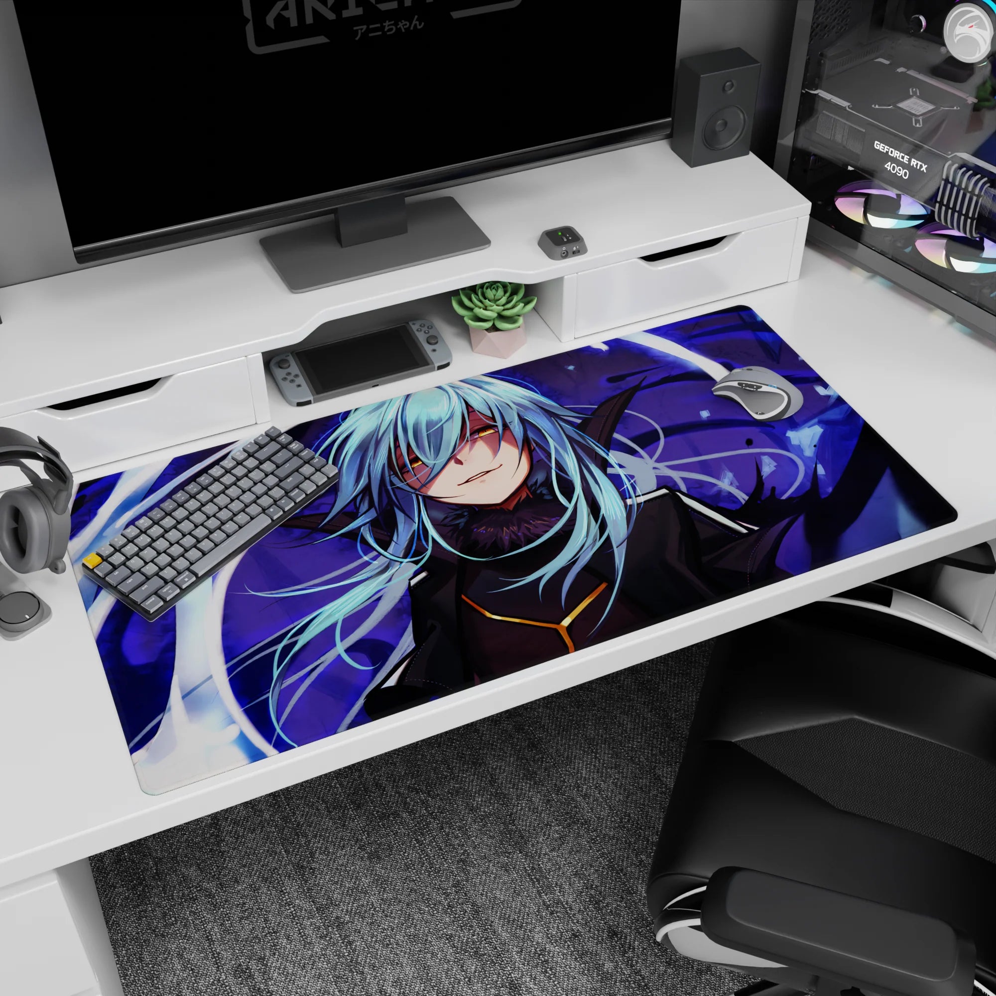 Sly blue-haired warrior with glowing gold eyes on anime desk pad 40x20 inches, stormy violet backdrop.