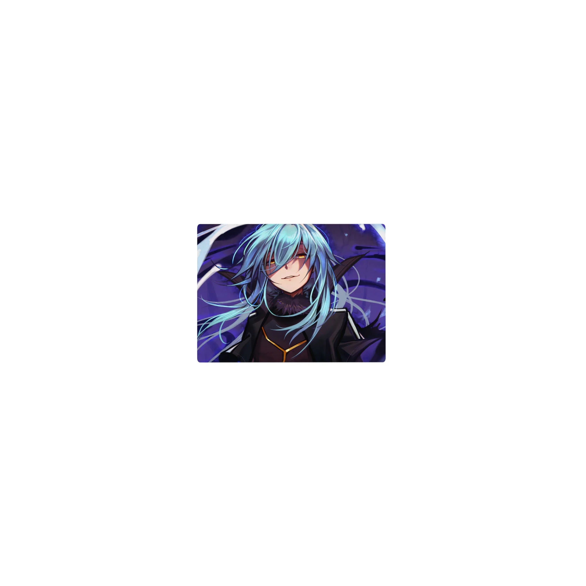 Classic anime mouse pad 14x10 inches with blue-haired warrior, gold eyes, fur collar, violet magic swirls.