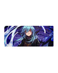 28x12 inches anime mouse pad with blue-haired hero in ink-black armor and fur collar, violet shadow backdrop.
