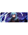 32x12 inches anime mouse pad with blue-haired hero, golden eyes, dark armor, fur collar, violet magic backdrop.