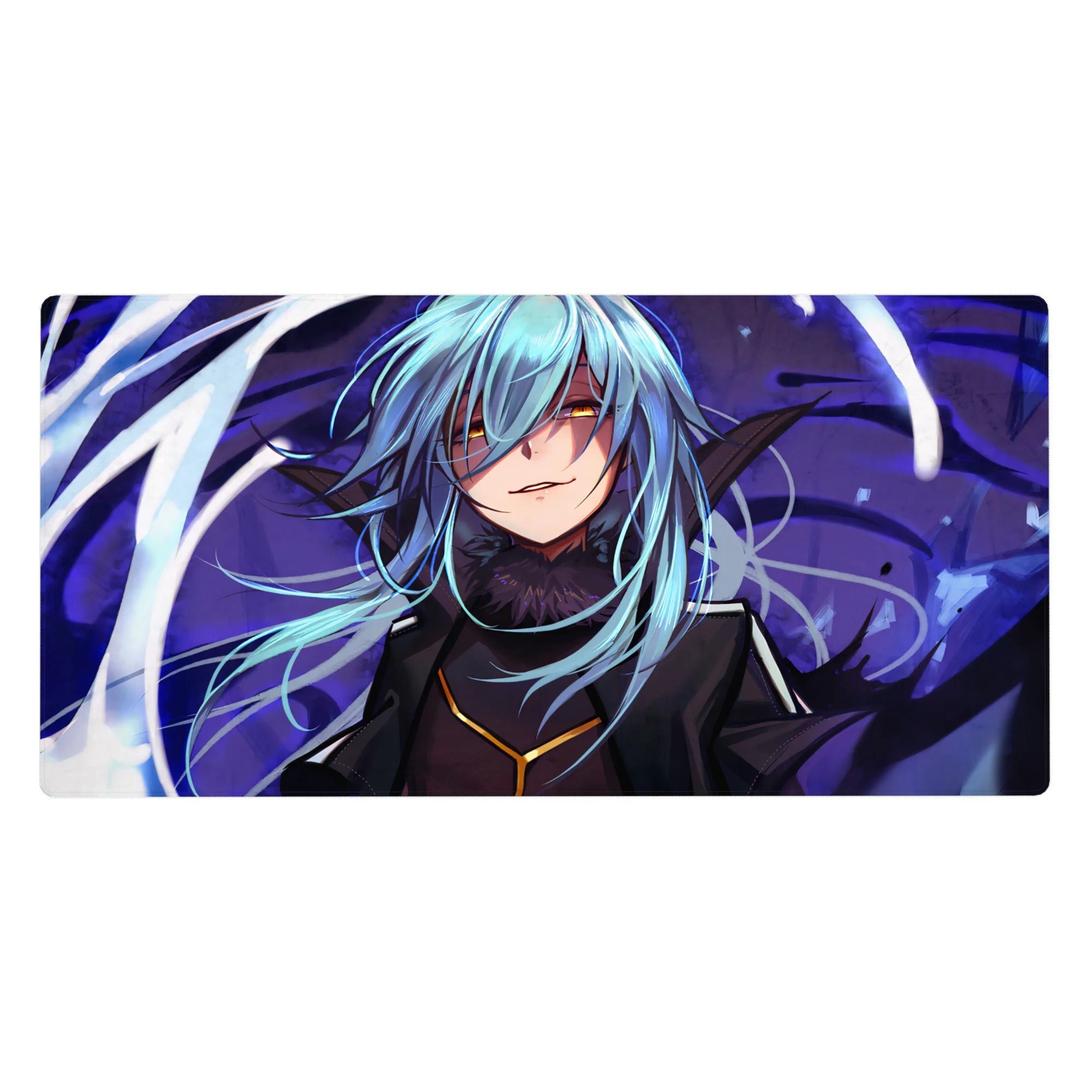 Anime desk pad 40x20 inches with blue-haired character, ink-black armor, fur collar, violet magic swirls.