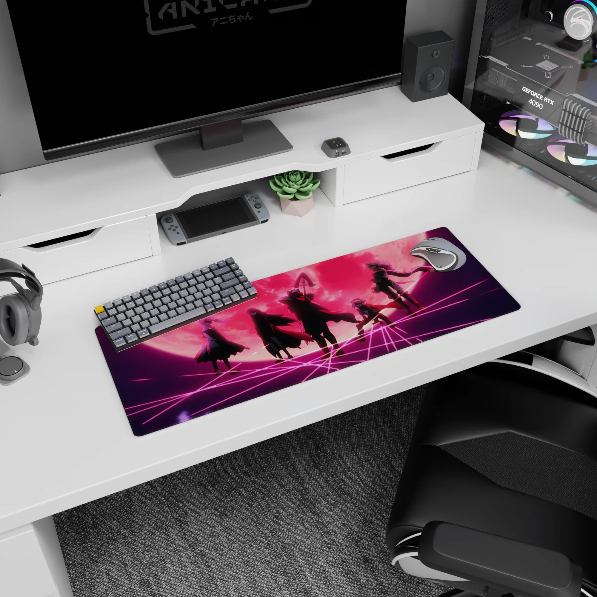 Artistic 32x12 inches mouse pad featuring Akame, delivering a lethal blow with deep shadows, steel glare, and sharp action for drama.