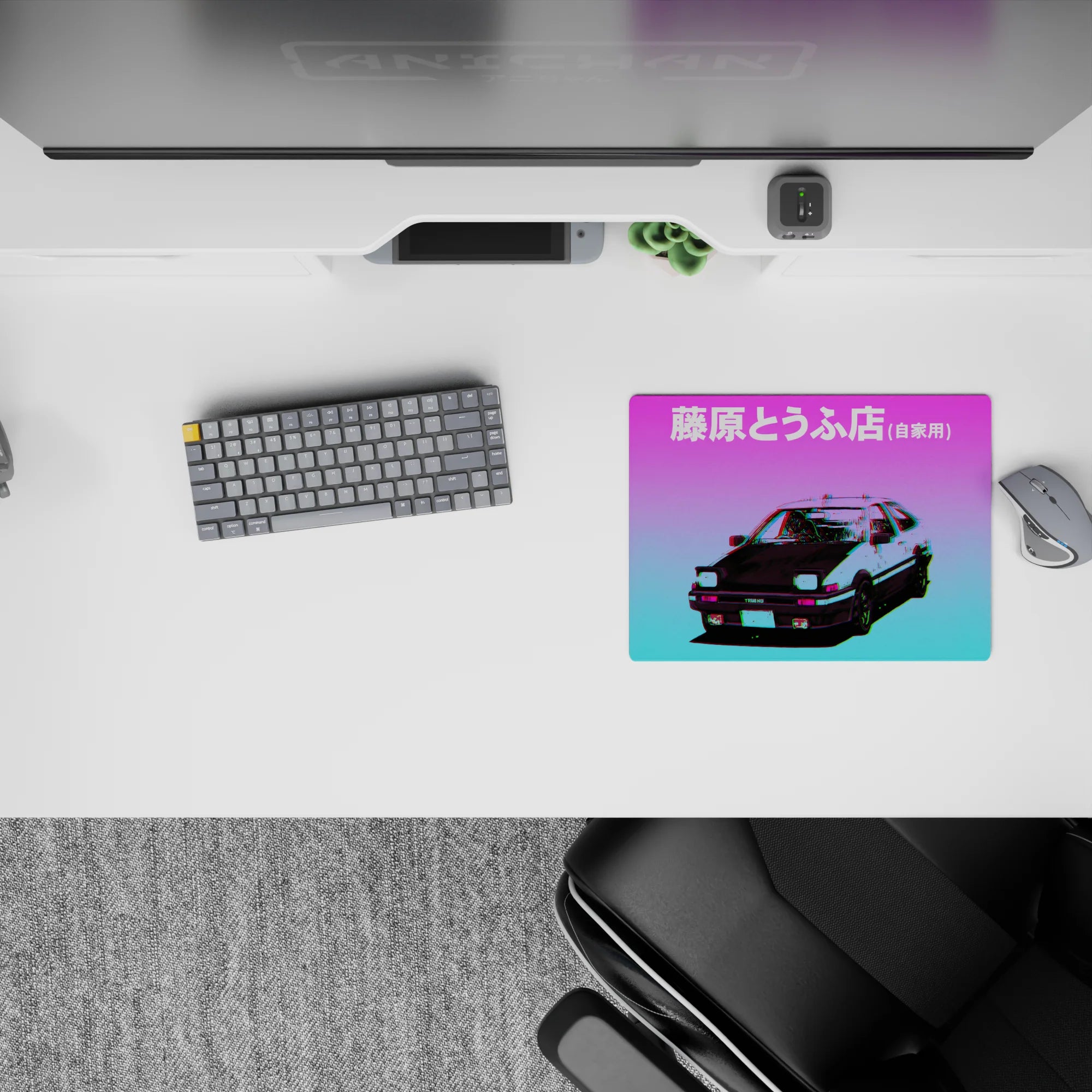 14x10 inches anime mouse pad in purple-to-cyan vaporwave glow with glitchy chroma edges.