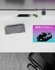 14x10 inches anime mouse pad in purple-to-cyan vaporwave glow with glitchy chroma edges.