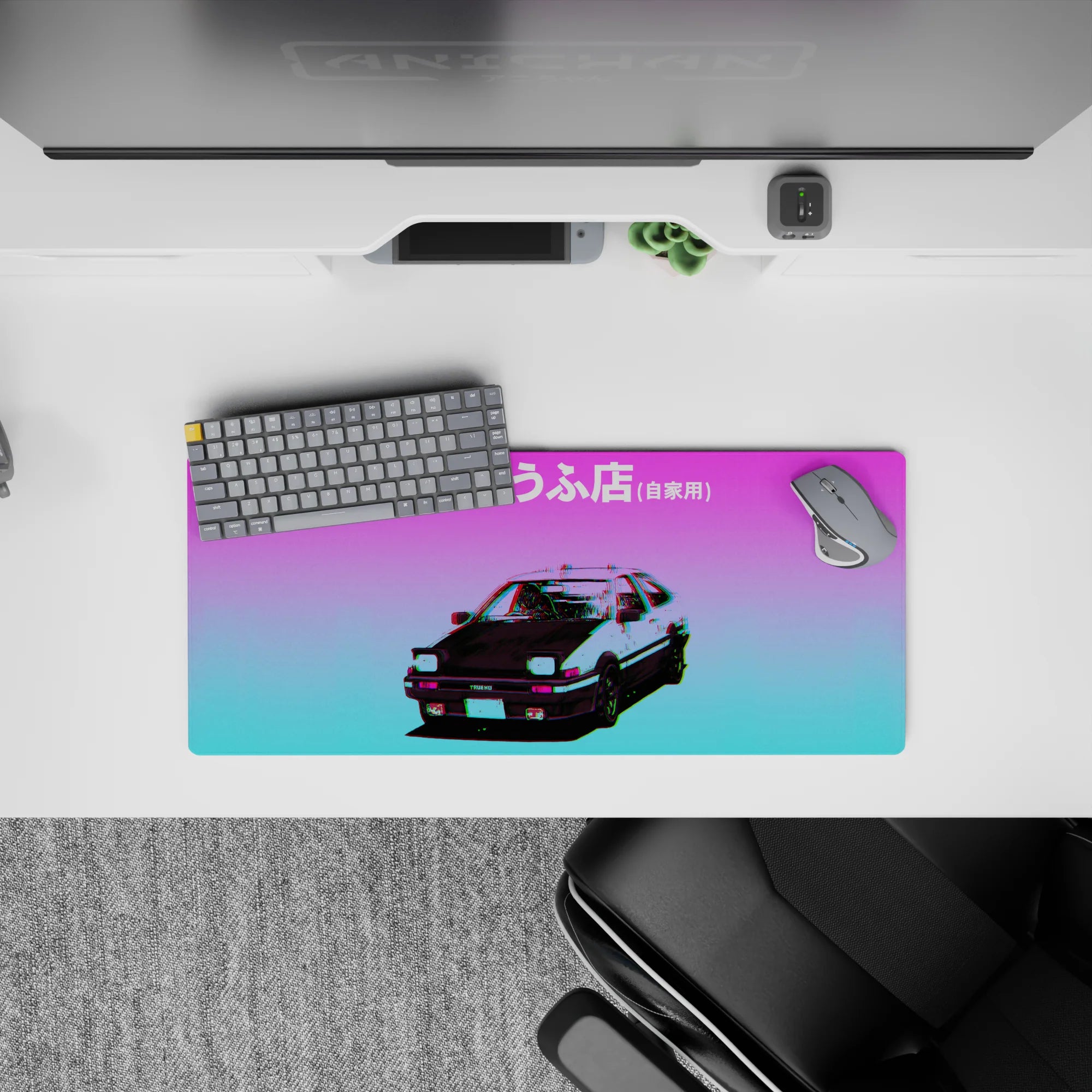 28x12 inches anime mouse pad in purple-to-cyan vaporwave glow with glitchy chroma edges.