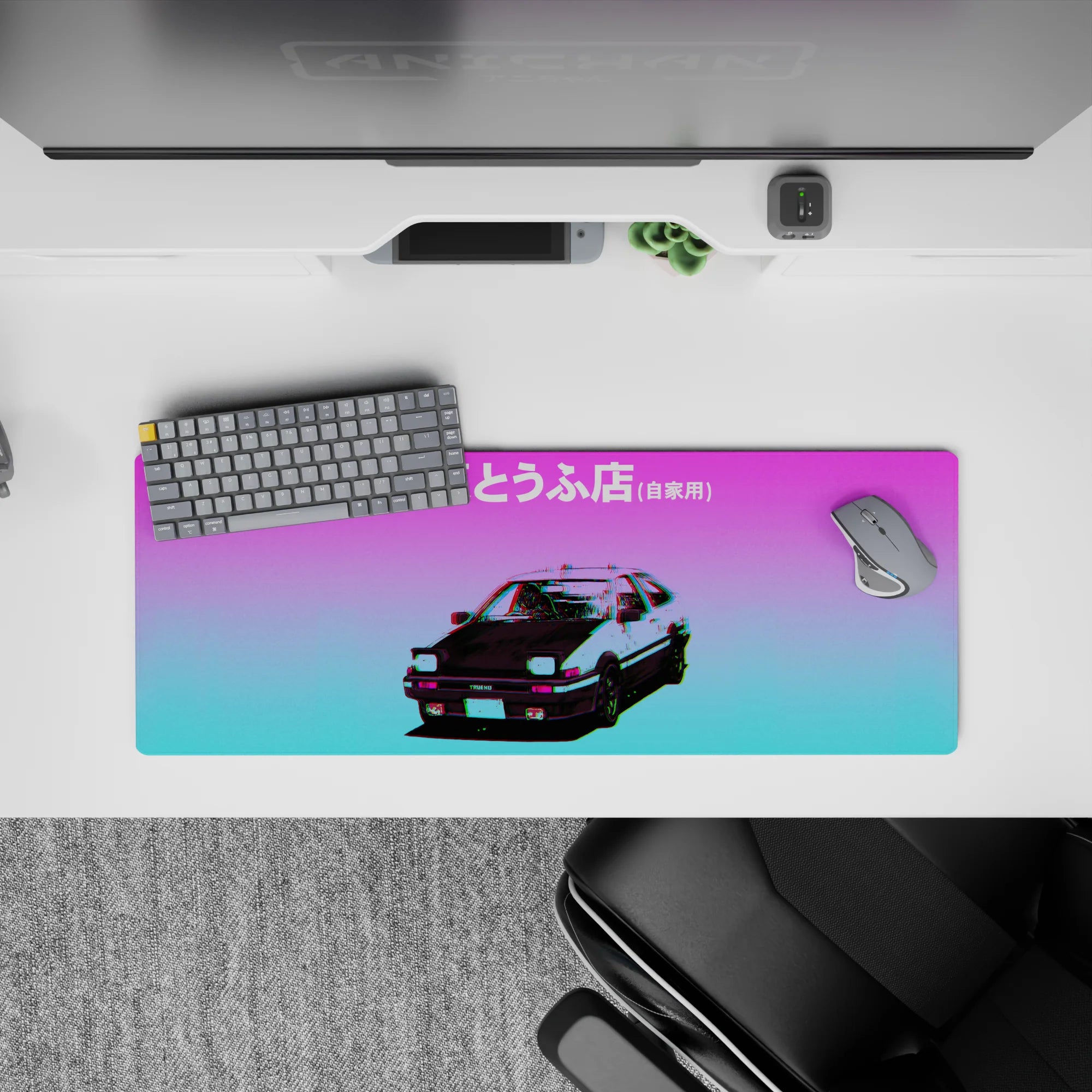 32x12 inches anime mouse pad in purple-to-cyan vaporwave glow with glitchy chroma edges and neon vibe.
