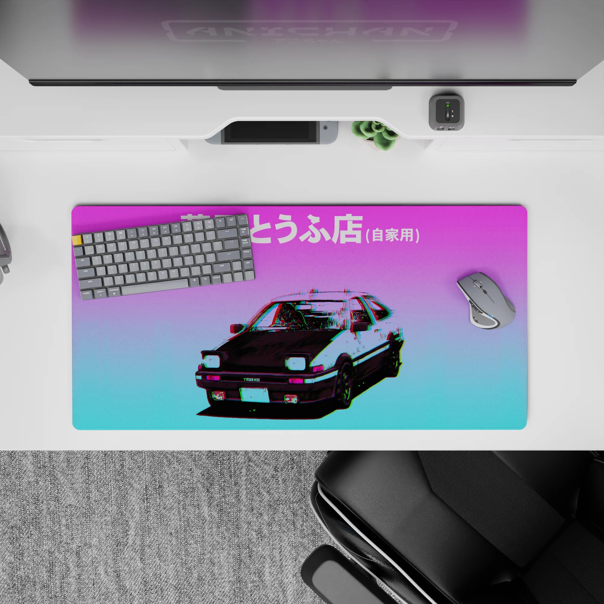 32x16 inches anime mouse pad in purple-to-cyan vaporwave glow with glitchy chroma edges and neon sky.